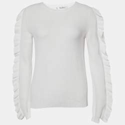 Pre Owned Max Mara White Ruffled Cotton Knit Sweater S