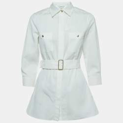Pre Owned Max Mara White Cotton Button Front Belted Tunic Top S