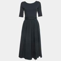 Pre Owned Max Mara Affine Black Crepe and Cotton Pleated Midi Dress S