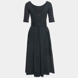 Pre Owned Max Mara Affine Black Crepe and Cotton Pleated Midi Dress S