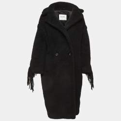 Max Mara Black Fringe Detail Wool Teddy Bear Double Breasted Coat S