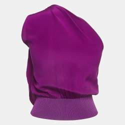 Pre Owned Max Mara Purple Silk and Rib Knit One shoulder Tie-Up Crop Top S