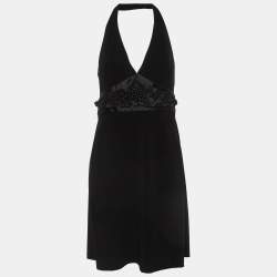 Max Mara Black Crepe Floral Detail Halter Neck Dress M