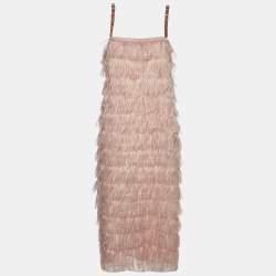 Max Mara Pink Synthetic Feather Tiered Midi Dress M