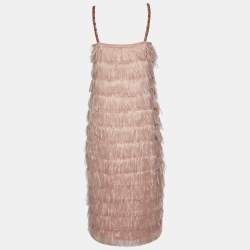 Max Mara Pink Synthetic Feather Tiered Midi Dress M