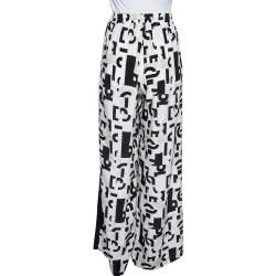 Max Mara Studio Monochrome Silk Elasticized Waist Wide Leg Pants L