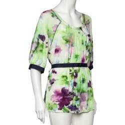 Pre Owned Max Mara Studio Green Floral Print Jersey Tie Waist Blouse XXL
