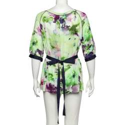 Pre Owned Max Mara Studio Green Floral Print Jersey Tie Waist Blouse XXL