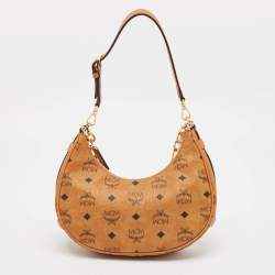 MCM Cognac Visetos Coated Canvas and Leather Small Aren Crescent Hobo