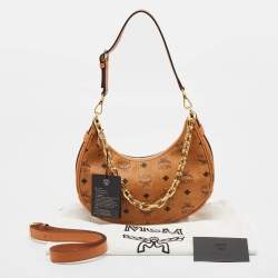MCM Cognac Visetos Coated Canvas and Leather Small Aren Crescent Hobo