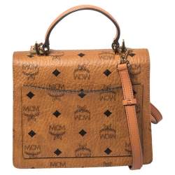 Pre Owned MCM Cognac Visetos Coated Canvas and Leather Patricia Top Handle Bag