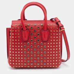 MCM Red Leather Crystal Embellished Milla Satchel