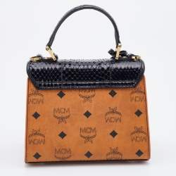 MCM Tan/Black Visetos Coated Canvas and Watersnake Mini Heritage Top Handle Bag