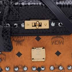 MCM Tan/Black Visetos Coated Canvas and Watersnake Mini Heritage Top Handle Bag