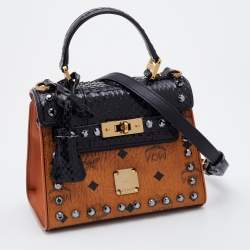 MCM Tan/Black Visetos Coated Canvas and Watersnake Mini Heritage Top Handle Bag