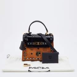 MCM Tan/Black Visetos Coated Canvas and Watersnake Mini Heritage Top Handle Bag