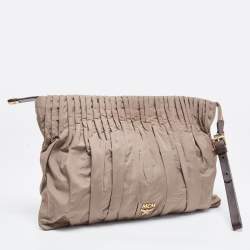 MCM Beige Pleated Nylon Wristlet Zip Pouch