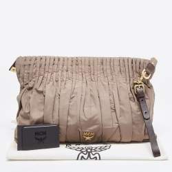 MCM Beige Pleated Nylon Wristlet Zip Pouch
