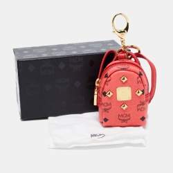 MCM Coral Red Visetos Coated Canvas Backpack Bag Charm