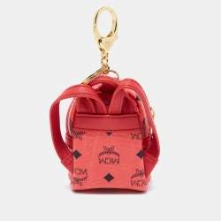 MCM Coral Red Visetos Coated Canvas Backpack Bag Charm