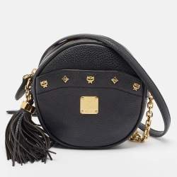 Pre Owned MCM Black Leather Round Crossbody Bag
