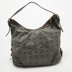 MCM Grey/Brown Visetos Coated Canvas and Leather Pleated Hobo