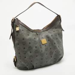 MCM Grey/Brown Visetos Coated Canvas and Leather Pleated Hobo