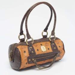 MCM Dark Brown/Cognac Visetos Coated Canvas and Python Embossed Leather Satchel