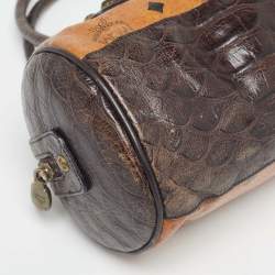 MCM Dark Brown/Cognac Visetos Coated Canvas and Python Embossed Leather Satchel