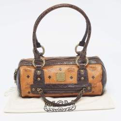 MCM Dark Brown/Cognac Visetos Coated Canvas and Python Embossed Leather Satchel