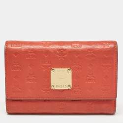 MCM Brick Red Visetos Embossed Leather Trifold Wallet