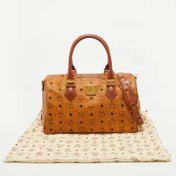 MCM Cognac Visetos Coated Canvas Large Heritage Boston Bag