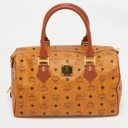 MCM Cognac Visetos Coated Canvas Large Heritage Boston Bag