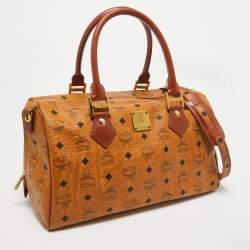 MCM Cognac Visetos Coated Canvas Large Heritage Boston Bag
