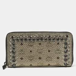 MCM Metallic Grey Leather Crystals Embellished Zip Continental Wallet