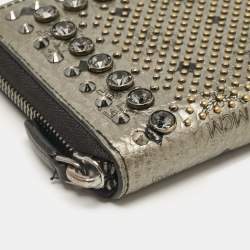 MCM Metallic Grey Leather Crystals Embellished Zip Continental Wallet