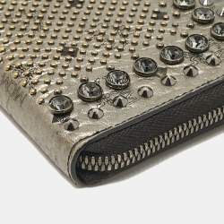 MCM Metallic Grey Leather Crystals Embellished Zip Continental Wallet