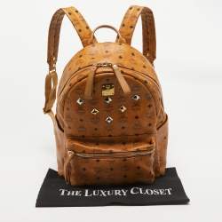 MCM Cognac Visetos Coated Canvas Medium Studded Stark Backpack