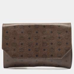 MCM Dark Brown Visetos Coated Canvas and Leather Envelope Clutch