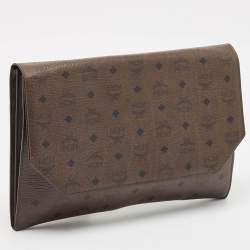MCM Dark Brown Visetos Coated Canvas and Leather Envelope Clutch