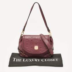 MCM Burgundy Embossed Leather Flap Top Handle Bag 