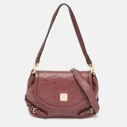 MCM Burgundy Embossed Leather Flap Top Handle Bag 