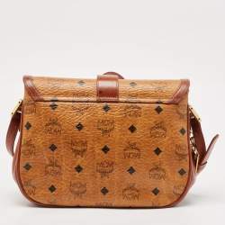 MCM Cognac Visetos Coated Canvas and Leather Messenger Flap Bag
