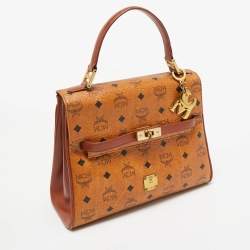 MCM Cognac Visetos Coated Canvas Heritage Top Handle Bag