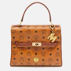 MCM Cognac Visetos Coated Canvas Heritage Top Handle Bag