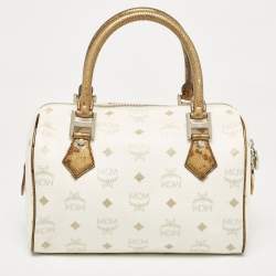 MCM White/Gold Visetos Coated Canvas and Lizard Embossed Leather Princess Lion Boston Bag