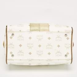 MCM White/Gold Visetos Coated Canvas and Lizard Embossed Leather Princess Lion Boston Bag