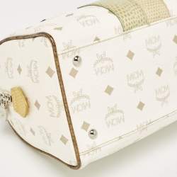 MCM White/Gold Visetos Coated Canvas and Lizard Embossed Leather Princess Lion Boston Bag