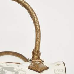 MCM White/Gold Visetos Coated Canvas and Lizard Embossed Leather Princess Lion Boston Bag
