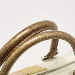 MCM White/Gold Visetos Coated Canvas and Lizard Embossed Leather Princess Lion Boston Bag